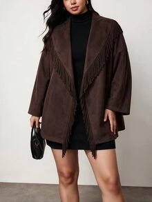 Truni Plus-Size Women's Dark Brown Wool Coat, An Elegant Autumn Commuter Style Pear Body,Triangle Body - Brown - View 1