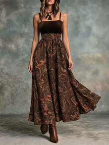 INAWLY Women's Vintage All-Over Floral Print Pocket Elastic Waist Long Skirt, Autumn/Winter - Multicolor - View 4