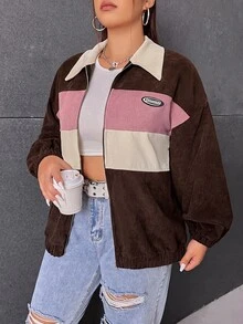 SHEIN EZwear Plus Size Color Block Zip-Up Jacket, Autumn/Winter Color Block Jacket Women Jacket Corduroy Jacket Cropped Jacket Y2k Jacket - Brown - View 3