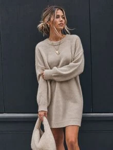 Elafinee Women's Round Neck Dropped Shoulder 3/4 Sleeve Ribbed Hem Loose Mid-Length Minimalist Slouchy Pullover Sweater - Khaki - View 3