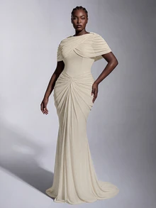 Elitara Plus Size Elegant Luxurious Elastic Knit Mesh Ruched Mermaid Dress, Suitable For Wedding, Event, Bachelorette Party, Vacation, Ball, Evening Dress - Khaki - View 1