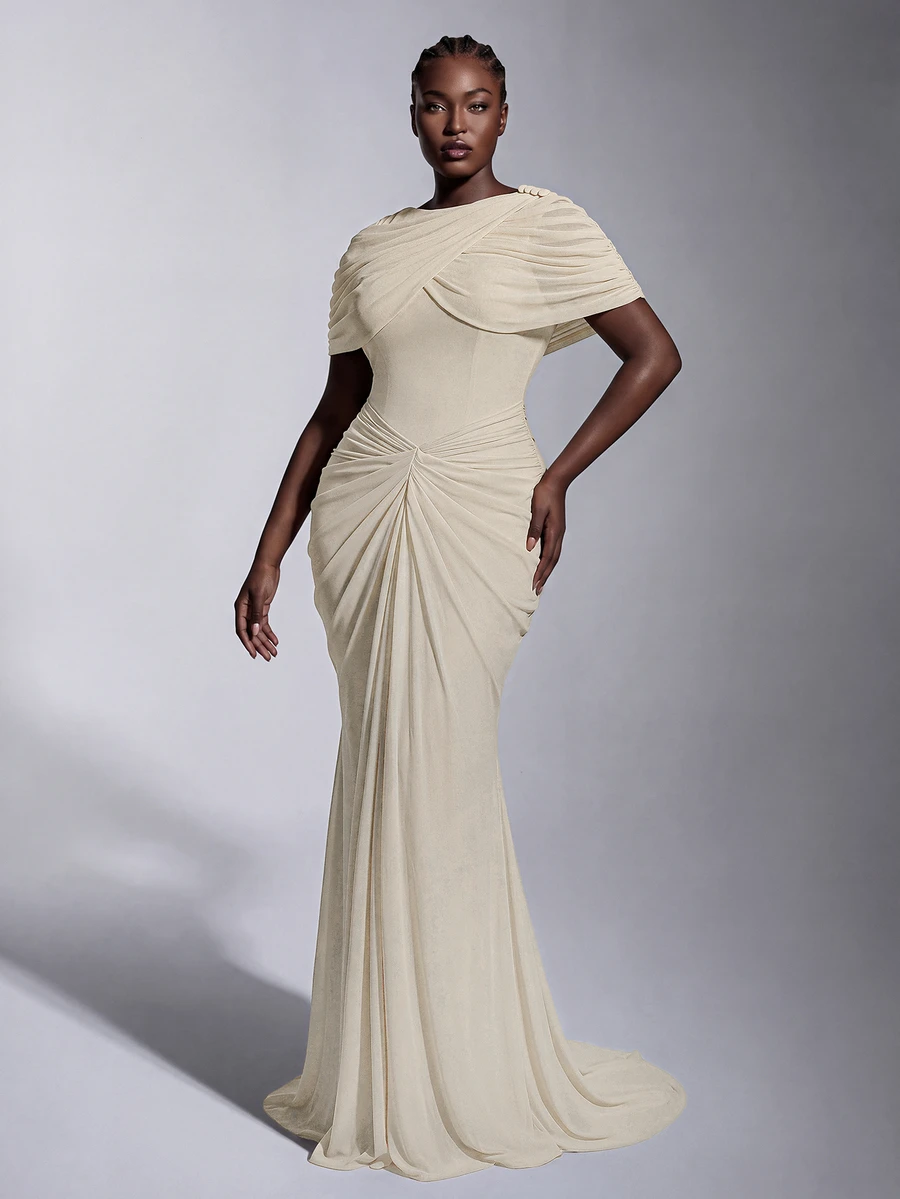Elitara Plus Size Elegant Luxurious Elastic Knit Mesh Ruched Mermaid Dress, Suitable For Wedding, Event, Bachelorette Party, Vacation, Ball, Evening Dress - Khaki - View 1