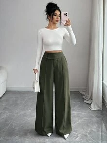 Elenzga Deep Army Green Asymmetrical Fold High Waist Wide Leg Suit Pants For Women, Side Button Decor, Center Seam Pleated Draped Long Trousers For Office Commute - Army Green - View 6