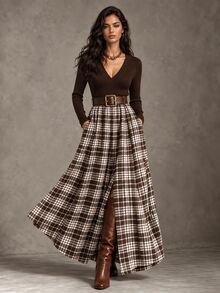 LUMIGAL Women's V-Neck Knit Brown Patchwork Plaid A-Line Chic Casual Commute Elegant Elegant Mid-Length Pocket Dress, Suitable For Spring, Summer, Autumn, Winter, All Seasons - Multicolor - View 5