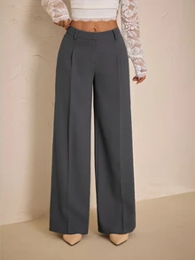 SHEIN PETITE Women's Solid Color Casual Daily Commute Travel Suit Pants - Light Grey - View 5