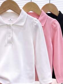 Elladie kids 女童白色3件組長袖 Polo 衫，精緻愛心鈕扣，長袖 T 恤，基本純色修身 T 恤，適合返校季 - 彩色 - 查看 6
