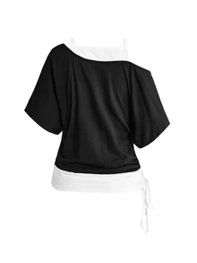 ROMWE Grunge Punk 夏季復古龐克風眼睛印花拼接配色 2 合 1 不對稱單肩寬鬆女款 T-shirt - 黑與白 - 查看 2