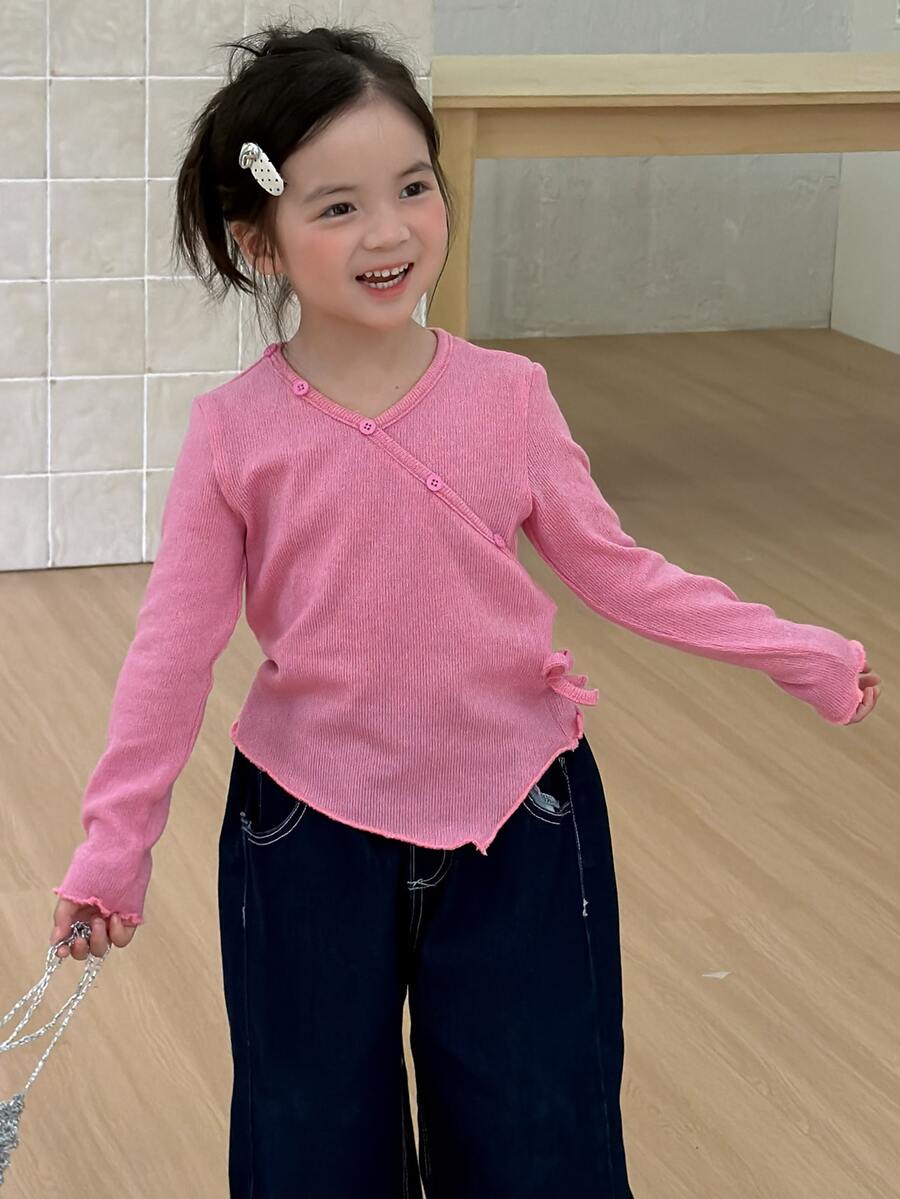 Dazy Kids Young Girl Solid Color Casual Versatile Daily Long Sleeve T-Shirt - Hot Pink - View 1