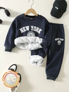 SHEIN 幼童男孩字母印花長袖運動衫與慢跑褲套裝，開學首日，兒童婚禮賓客，Glamorique Kids，生日男孩 - 藏蓝色 - 查看 3
