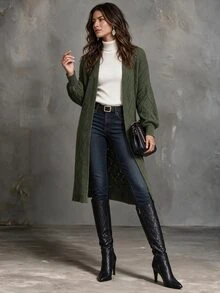 Solivie Women's Drop Shoulder Ribbed Knit Long Cardigan, Green Long Sleeve Top For Autumn/Winter Women Fall Winter Sweater Work Tops For Women - Green - View 3