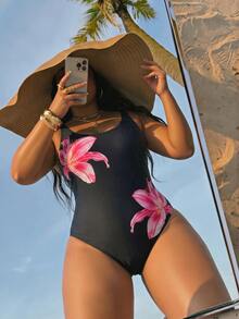 Swim SXY Plus Size Women Floral Print One-Piece Swimsuit, Suitable For Beach Vacation, Pool Party, Beach Party - Multicolor - View 2