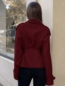 Aloruh Women's Solid Color Long Sleeve Stand Collar Button Lapel Casual Jacket - Burgundy - View 2