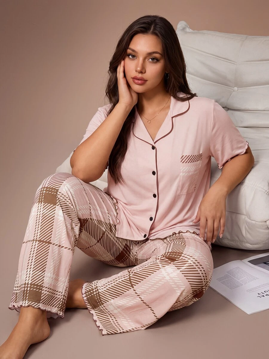 Lazeform Plus Size Button-Up Frill Trim Cardigan And Plaid Loose Fit Long Pants Pajama Set - Pink - View 1