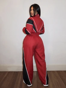 Slaydiva Women's Wine Red Black Color Block Piping Cropped Jacket Long Sleeve Zip Up Collar High Waist Wide Leg Pants Two Pieces Set Casual - Multicolor - View 2