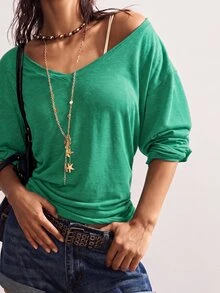 Bohemela Autumn/Winter Boho Casual Solid Color Knit V-Neck Long Sleeve Loose Fit Women's T-Shirt - Green - View 4