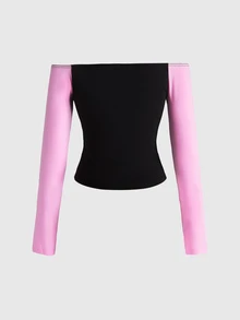 ROMWE Y2K Colorblock Off-Shoulder Design Casual Elastic Knit Letter Print Women's T-Shirt, Suitable For Spring, Summer, Autumn, School, Party, Vacation, Music Festival, Home And Daily Outings - Black - View 2