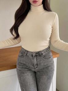 Dazy Plus Korean Style Autumn/Winter New High Neck Slim Fit Base Layer T-Shirt - Beige - View 4
