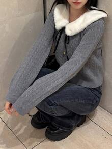 FRIFUL Women's Plush Patchwork Casual Versatile Daily Wear Cardigan - Grey - View 7