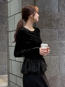 FRIFUL Women's Solid Color Casual Versatile Daily Long Sleeve T-Shirt - Black - View 2