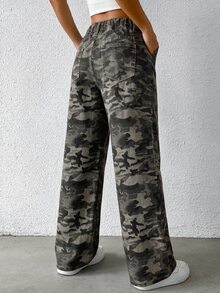 SHEIN Tall 女款迷彩休閒日常旅行牛仔褲，附口袋與鈕扣設計 - 彩色 - 查看 2