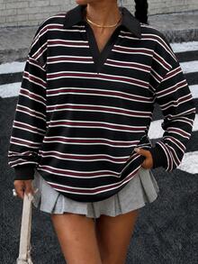 Muchica Women's Striped Drop Shoulder Long Sleeve Casual Loose Sweatshirt - Black - View 4