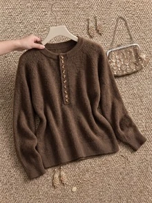 Grovea Plus Size Women's Button Front Henley Collar Knit Sweater, Casual Long Sleeve Raglan Sleeve Pullover Top For Autumn/Winter - Camel - View 3