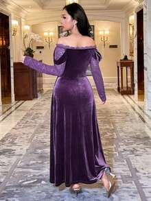 Modelyn Women's Sexy Flocked Off-Shoulder Lace Dress - Purple - View 2