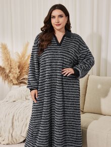 Lacomfia Minimalist Striped Plush Collar Long Sleeve Loose Regular Fit Plus Size Sweatshirt, Autumn/Winter - Multicolor - View 5