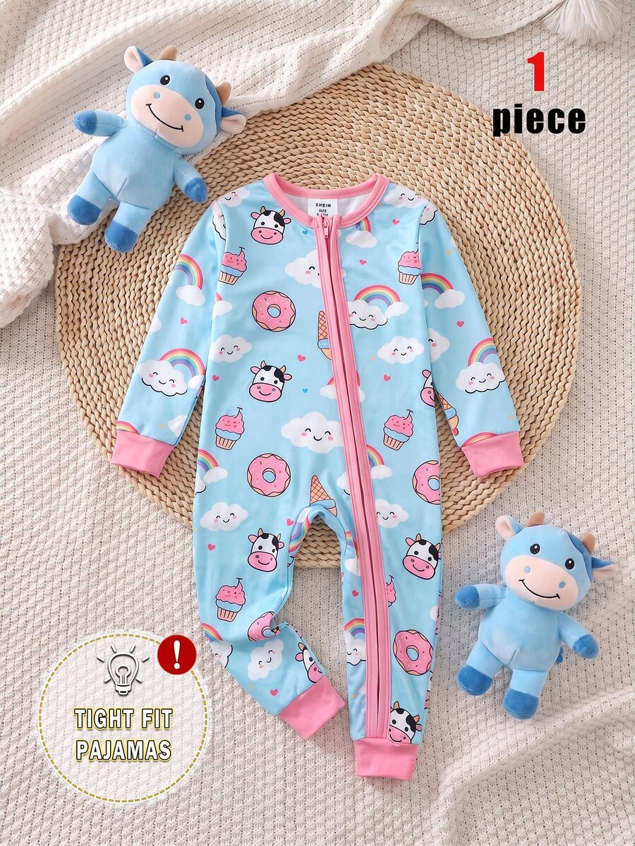 SHEIN Baby Girl Contrast Color Cartoon Print Elastic Zipper Cuffed ...