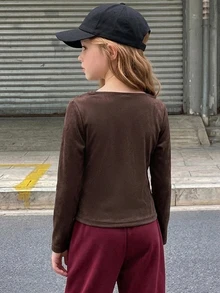 Hapijoa (Gadis Muda) Kaos Kasual Berkerah V, Pas Badan, Model Lapisan Dasar - Mocha Brown - View 2
