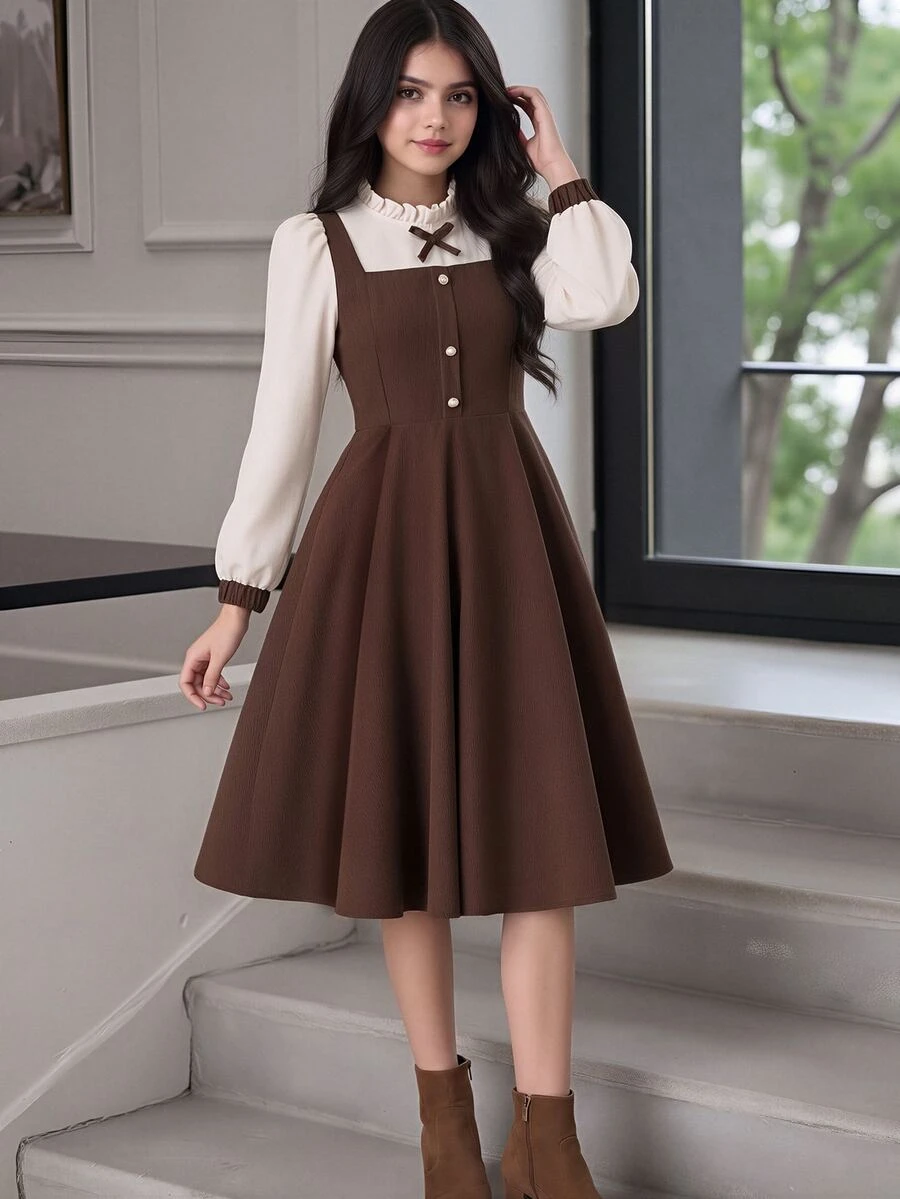 Teen Girls Elegant Woven Long Sleeve Collared Shirt Casual 2 In 1 Patchwork Dress - Brown - View 1