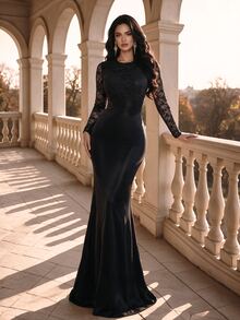 Coutiva 女款蕾絲拼接優雅收腰正式晚禮服洋裝 - 黑色 - 查看 4