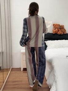Napfluff Contrast Color Mixed Plaid Pajama Set, Classic Lapel Long Sleeve Loose Fit Loungewear 2 Pieces Set - Multicolor - View 3