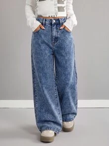 SHEIN Tween Girls Loose Wide Leg Denim Pants - Dark Wash - View 1
