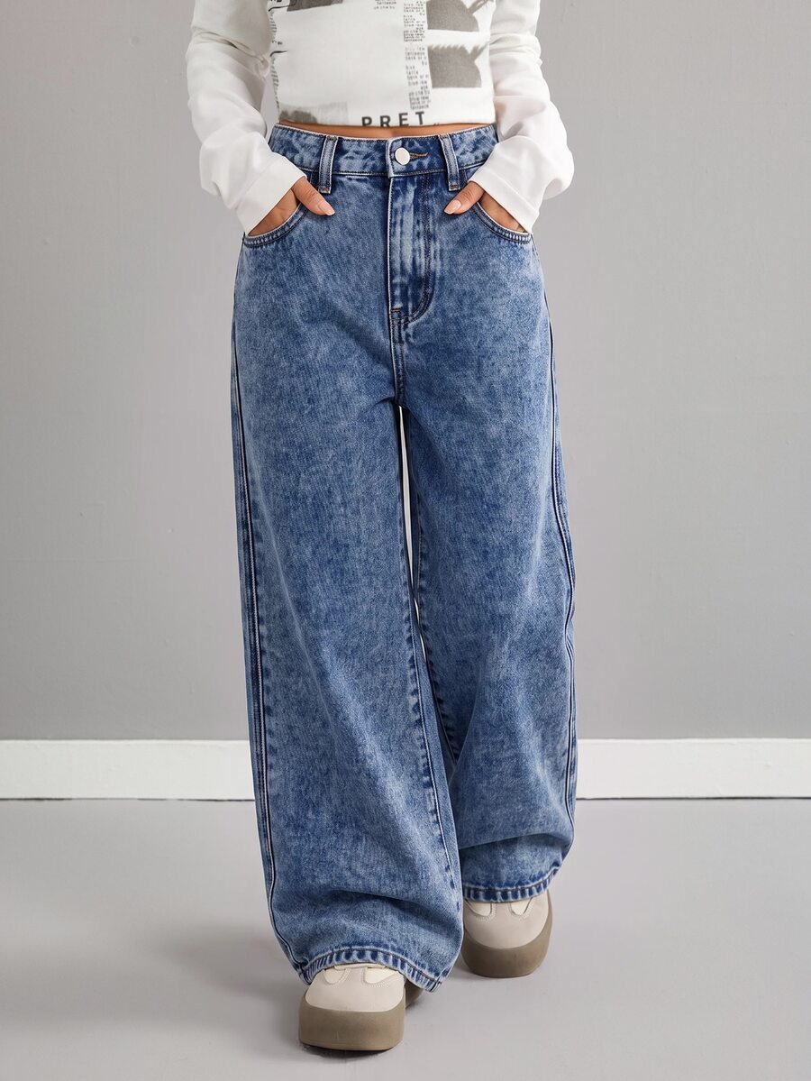 SHEIN Tween Girls Loose Wide Leg Denim Pants - Dark Wash - View 1