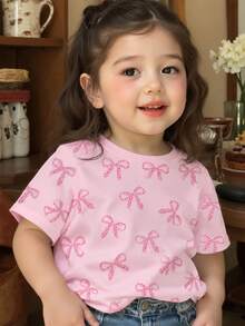 SHEIN Playful Pals 女童T恤，適合春夏秋冬四季穿著，舒適時尚街頭風，適合4-7歲女孩，蝴蝶結豹紋可愛日系風，日常舒適百搭，旅行、上學、聖誕節上衣 - 白色 - 查看 3