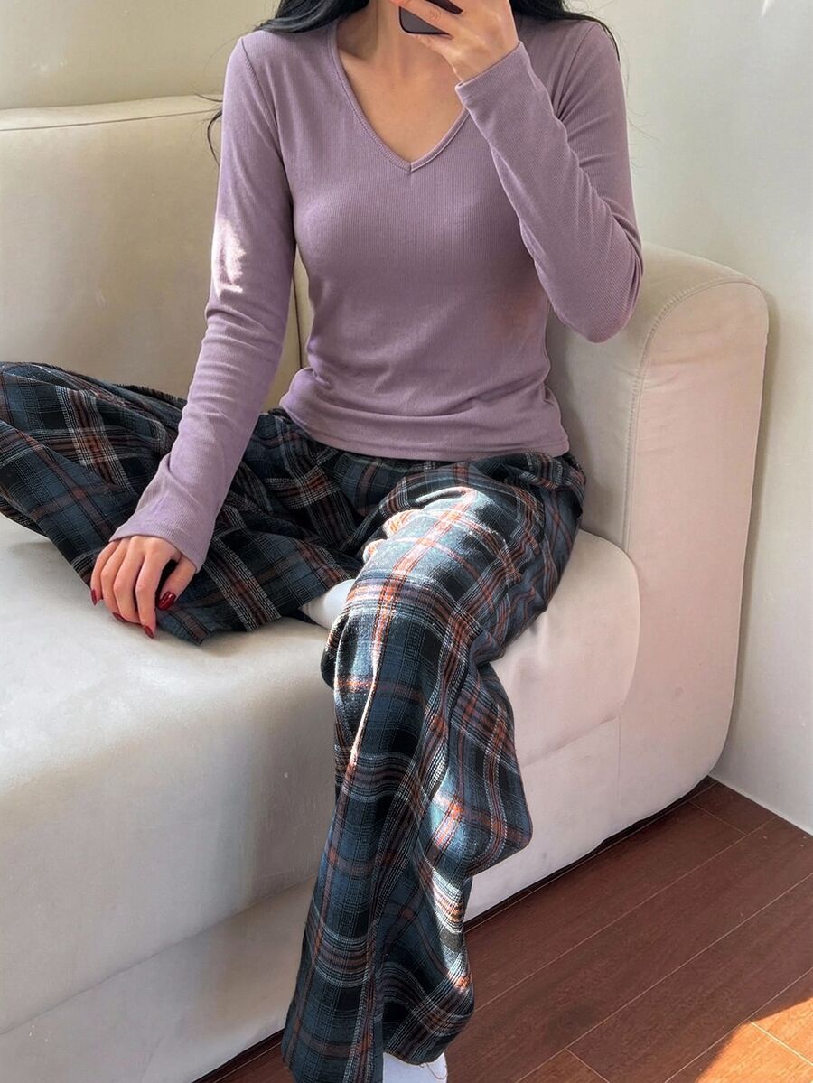 DAZY 春季寬鬆休閒舒適女款居家服套裝 2 件組 - 紫色 - 查看 1