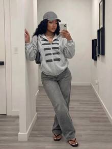 Slaydiva سويت شيرت رمادي بأسلوب عسكري أمريكي مع أزرار وغطاء رأس، جاكيت فضفاض بسحاب وحروف عتيقة - A - رمادي - مشاهدة 1