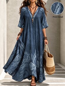 Linhara CURVE Fashion Plus Size Women's Vintage Print Long Robe, Loose Fit V-Neck Bohemian Dress, Suitable For Spring, Summer And Autumn - Blue - View 1