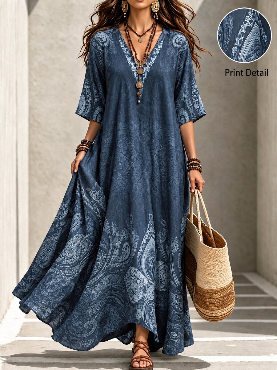 Linhara CURVE Fashion Plus Size Women's Vintage Print Long Robe, Loose Fit V-Neck Bohemian Dress, Suitable For Spring, Summer And Autumn - Blue - View 1