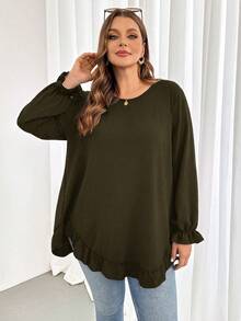 Shapeblank Plus Size Women's Spring/Autumn Fashion Casual Loose Comfortable Daily Basic Versatile Slimming Ruffle Hem Black Long Sleeve Shirt - Army Green - View 7