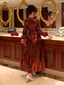 DAZY Women's Metallic Texture V-Neck Long Sleeve Pleated Elegant Dress Fall - Brown - View 2