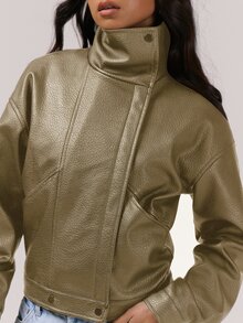 MUSERA 修身高領不對稱按扣機車夾克，適合夜生活、冬季、返校季、日常穿著、派對、優雅晚宴、春季、秋季 - 橄欖綠 - 查看 2