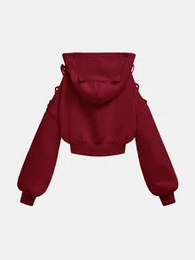 SHEIN Girlism Teenagerflicka enfärgad 3D-örondesign huva kort sweatshirt, höst/vinter - Röd - Visa 2