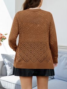 Easowa Curve 女款大尺碼灰粉色秋季優雅日常長袖鏤空針織開襟衫，金色鈕扣前襟羅紋針織上衣 - 棕色 - 查看 2