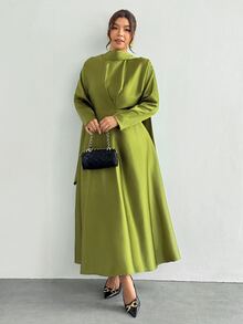 Firerie Plus Size Minimalist Satin Long Sleeve Fashion Dress - Olive Green - View 5