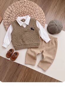 SHEIN 新生兒騎士刺繡 2 合 1 上衣與長褲休閒套裝 - 卡其色 - 查看 5