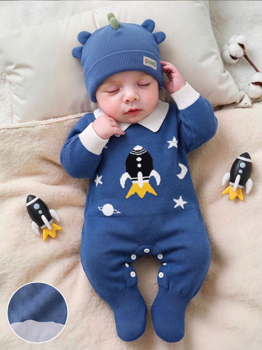 SHEIN Newborn Baby Cartoon Pattern Casual Daily Long Sleeve Jumpsuit - Blue - View 1