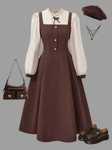 Teen Girls Elegant Woven Long Sleeve Collared Shirt Casual 2 In 1 Patchwork Dress - Brown - View 4