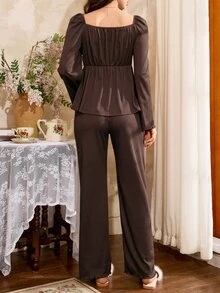 Côtesoire Elegant Mature Knit Women's Pajama Set, South France Style - Coffee Brown - View 2